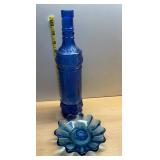 BLUE GLASS BOTTLE AND CANDLE HOLDER