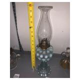 VTG HOBNAIL OIL LAMP, BLUE OPALESCENT GLASS,