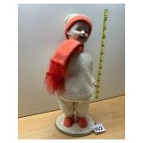 BISQUE DOLL, CHILD FIGURE, FELT CLOTHING, ORANGE