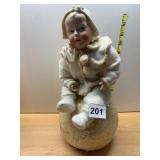 BISQUE DOLL, BABY FIGURE, FELT CLOTHING, BONNET,