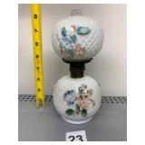 VTG MILK GLASS OIL LAMP, DIAMOND QUILTED PATTERN,