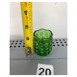 VTG GREEN GLASS TOOTHPICK HOLDER, ENAMELED FLORAL