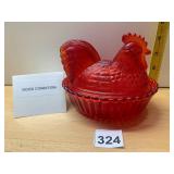 VTG RED GLASS HEN ON NEST, RIBBED BASE, MARKED ON