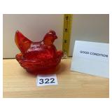 VTG RED GLASS HEN ON NEST, BASKET WEAVE PATTERN,