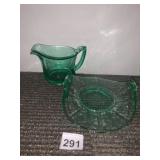 VTG GREEN DEPRESSION GLASS CREAMER AND FLORAL