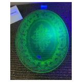 VTG URANIUM GLASS OVAL PLATTER, PRESSED GLASS,