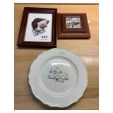 VTG DECORATIVE LOT, INCLUDES FRAMED DOG PRINT,