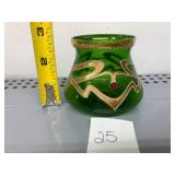GREEN GLASS VASE, GILT ENAMEL SCROLLWORK, APPLIED