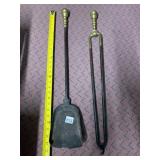 VTG FIREPLACE TOOLS, IRON SHOVEL AND TONGS, BRASS