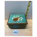 WOOD MUSIC BOX, GREEN FINISH, INLAY LUTE AND
