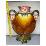 VTG MAJOLICA VASE, TWO-HANDLED, FLORAL RELIEF