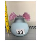 VTG ART GLASS VASE, BLUE SATIN GLASS BODY, PINK