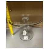 VTG CLEAR GLASS CAKE STAND, TRUMPET BASE,