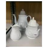 WHITE PORCELAIN TEA SERVICE, TEAPOT, CREAMER,