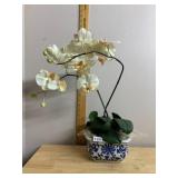 ARTIFICIAL ORCHID ARRANGEMENT, WHITE BLOOMS, BLUE