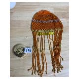 VTG BEADED HEADPIECE W/ FRINGE, GOLD-TONE COMPACT