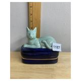 CERAMIC CAT TRINKET BOX, CELADON CRACKLE GLAZE