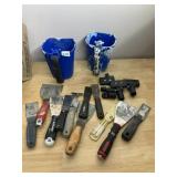 ASSORTED PUTTY KNIVES, SCRAPERS, PAINT BUCKETS,
