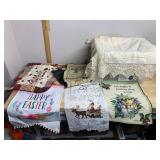 VTG LACE TABLECLOTH, DECORATIVE WALL HANGINGS,