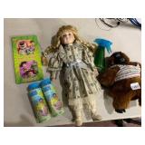 PORCELAIN DOLL W/ LACE DRESS, PLUSH TOY, BUBBLE