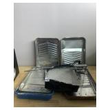 ASSORTED METAL PAINT TRAYS AND MIXING PADDLE,