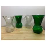 THISTLE PATTERN VASES, CLEAR AND GREEN GLASS,