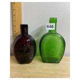 VTG GLASS BOTTLES, AMETHYST SHIP EMBOSSED FLASK,