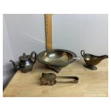 SILVER-PLATED SERVING PIECES, TEAPOT, BOWL, GRAVY