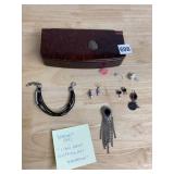 HANDCRAFTED REDWOOD BURL BOX W/ ASSORTED COSTUME