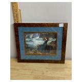 VTG PRINT, SEASCAPE W/ FIGURE, BURL WOOD FRAME,