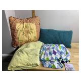 DECORATIVE PILLOWS, YELLOW TEXTURED BEDSPREAD,