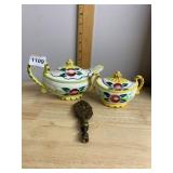 HAND-PAINTED CERAMIC TEAPOT AND SUGAR BOWL,
