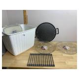 PLASTIC STORAGE BIN, METAL PERFORATED PIZZA PAN