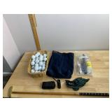 GOLF ACCESSORY LOT, WICKER BASKET, ASSORTED GOLF