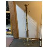 BRASS COAT RACK, FREESTANDING, MULTI-HOOK DESIGN.