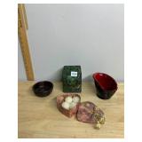 WOOD BOWL W/ CARVED MOTIF, MOSAIC GLASS VASE,