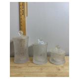 FROSTED GLASS CANISTER SET W/ LIDS, ETCHED FLORAL