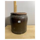VTG STONEWARE CROCK, BROWN GLAZE, INCISED