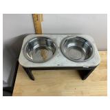 PET FEEDING STATION, MARBLE TOP, BLACK WOODEN