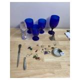 COBALT BLUE GOBLETS, CLEAR CRYSTAL VASE, METAL