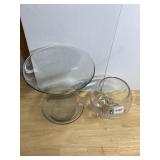 SMOKY GLASS FLARED VASE, CLEAR GLASS FOOTED BOWL