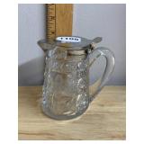 VTG PRESSED GLASS PITCHER, FLORAL ETCHED MOTIF,