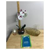 ARTIFICIAL ORCHID IN POT, GOLD WIRE BASKET, GLASS