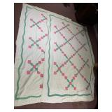 VTG HAND-STITCHED QUILT, PINK AND GREEN APPLIQUE,