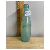 VTG AQUA GLASS BOTTLE, EMBOSSED MARKINGS, ROUNDED