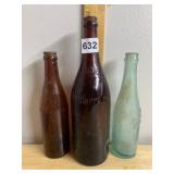 VTG GLASS BOTTLES, AMBER AND AQUA, EMBOSSED