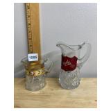 VTG GLASS PITCHERS, HAND-PAINTED FLORAL MOTIF,