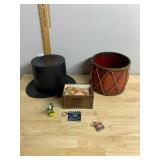 VTG PLASTIC TOP HAT, WOODEN DRUM-STYLE WASTE