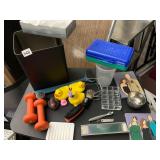ASSORTED HOUSEHOLD LOT INCL DUMBBELLS, RUBBER