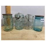 ATLAS AND BALL MASON JARS, AQUA AND CLEAR GLASS,